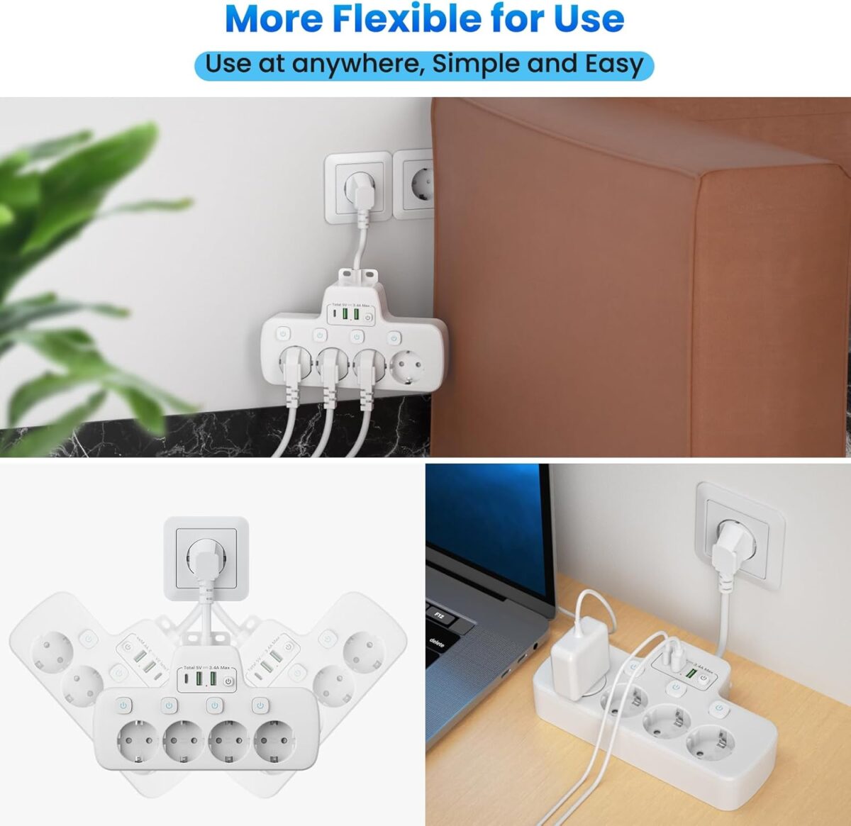 7-in-1 Stopcontact splitter met 4-voudige stekkerdoos, 1x USB-C en 2x USB-A - Afbeelding 2