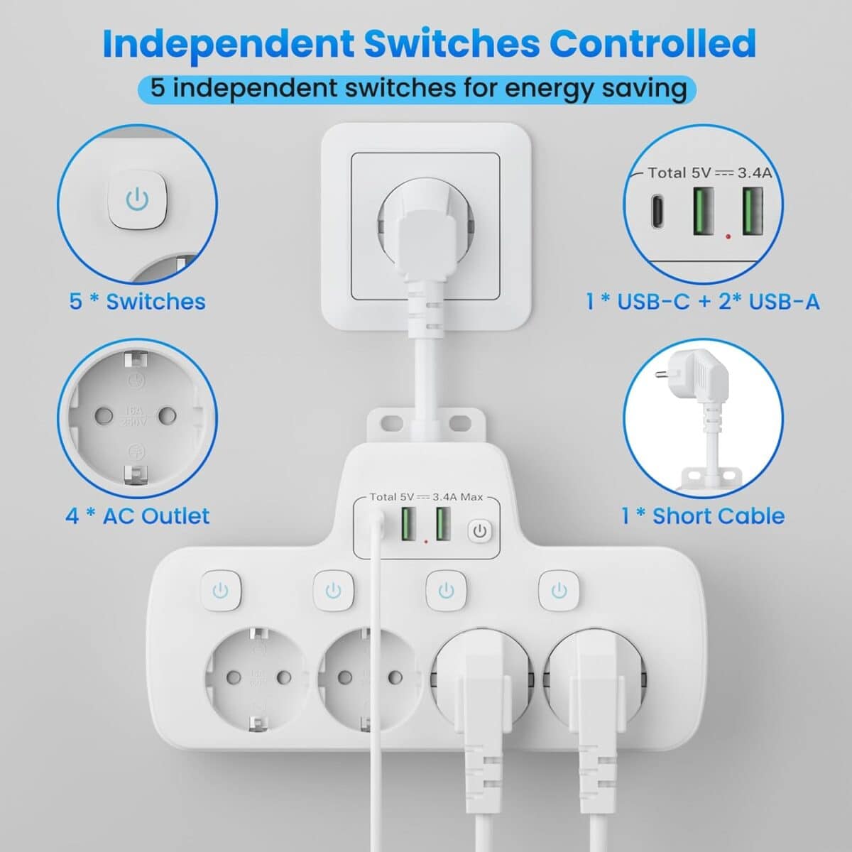 7-in-1 Stopcontact splitter met 4-voudige stekkerdoos, 1x USB-C en 2x USB-A - Afbeelding 3
