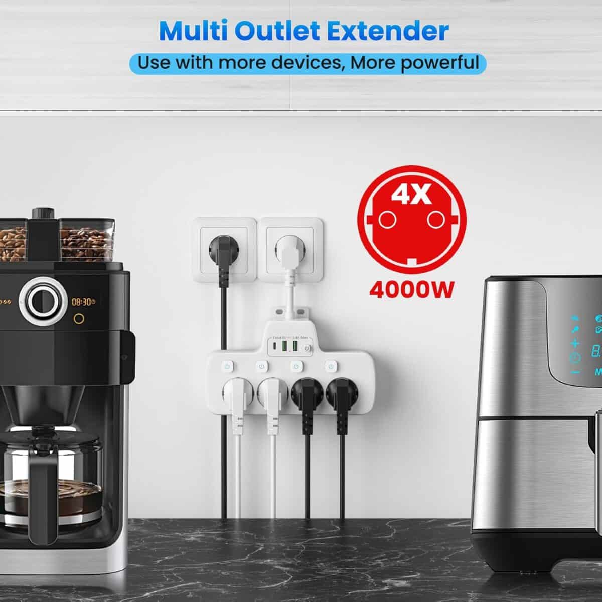 7-in-1 Stopcontact splitter met 4-voudige stekkerdoos, 1x USB-C en 2x USB-A - Afbeelding 5