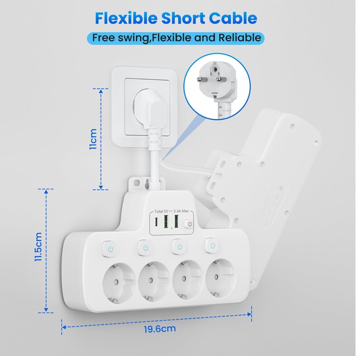 7-in-1 Stopcontact splitter met 4-voudige stekkerdoos, 1x USB-C en 2x USB-A - Afbeelding 7